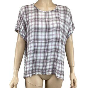 Cloth & Stone Top Size Medium Plaid‎ Short-Sleeve Gray & White Raw Edge